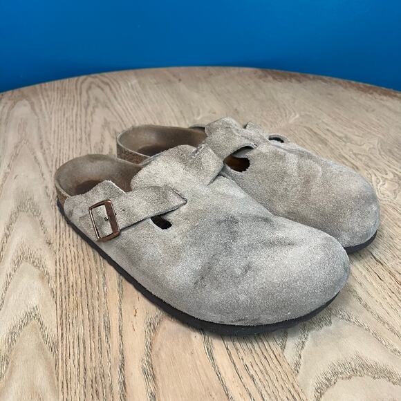 Birkenstock Shoes - Birkenstock Boston Clog Soft Footbed
Suede Leather Slip On Taupe Unisex Size 40